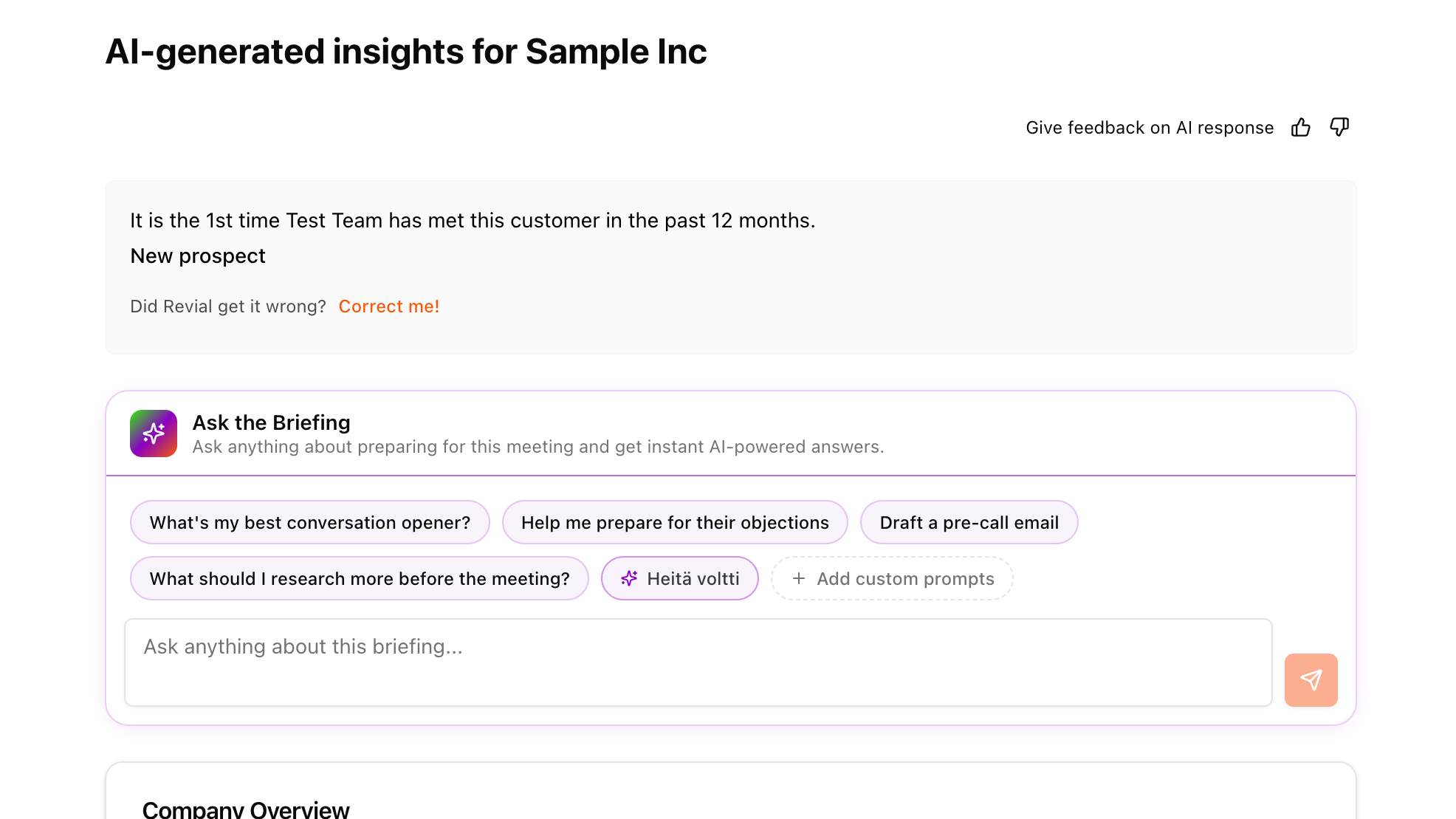 Gjennomgang av AI-generert oppsummering for møteforberedelse med kontaktlogg fra HubSpot